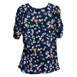 Tanya Taylor Womens Liz Silk Floral Dress Size 10 Blue Satin Puff Sleeve Ruched